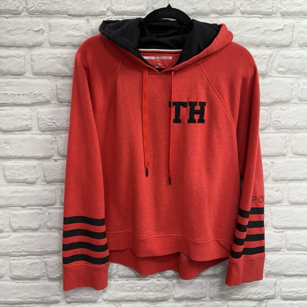 Tommy Hilfiger Sport Sweatshirt Hoodie Red Womens X Large Long Sleeve Logo Black